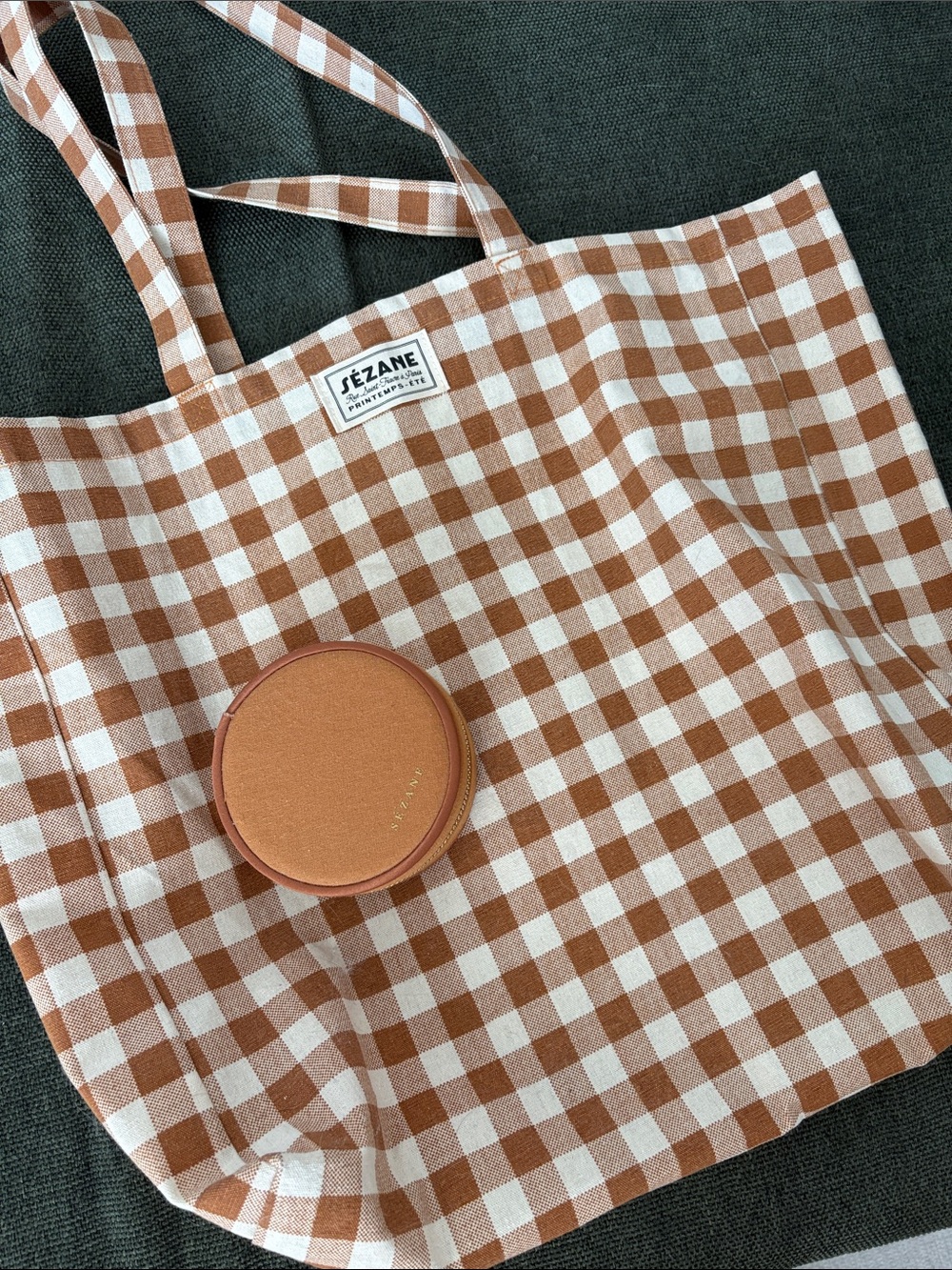 Sézane Brown and White Gingham Tote Bag and jewelry pouch